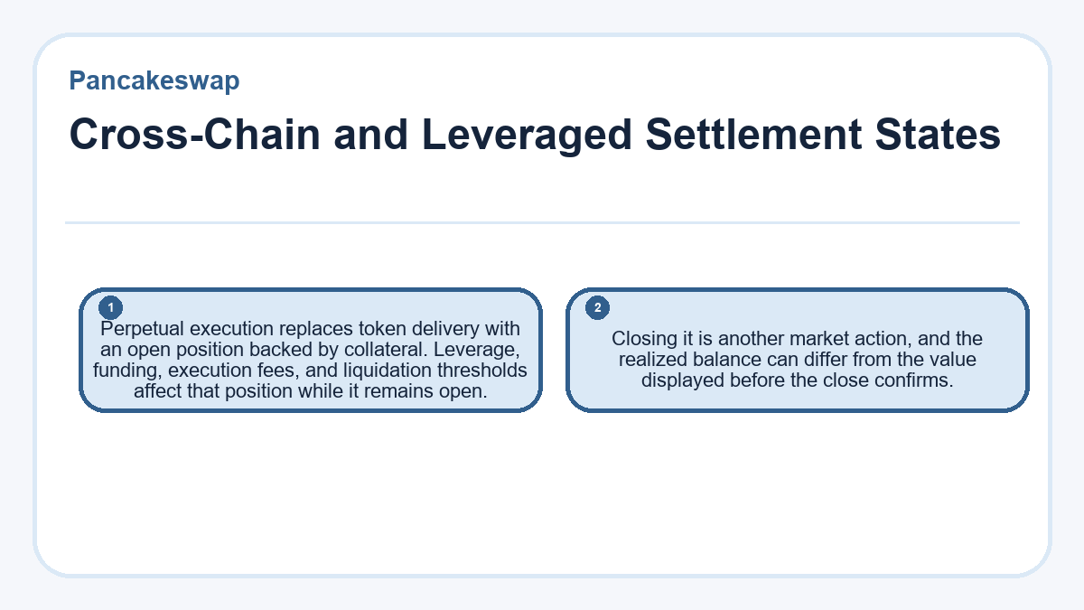 Cross-Chain and Leveraged Settlement States: Perpetual execution replaces token delivery with an open position backed by collateral. Leverage, funding, execution fees, and liquidation thresholds affect that position while it remains open.; Closing it is another market action, and the realized balance can differ from the value displayed before the close confirms.